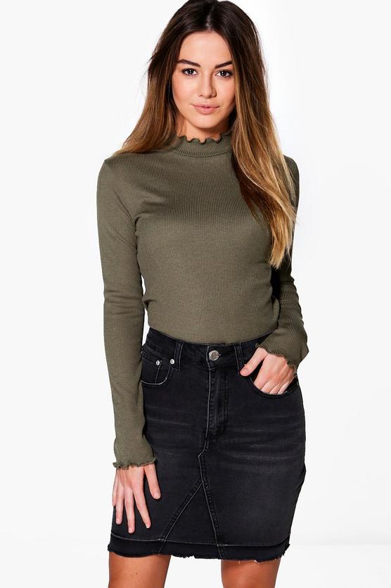 Petite Lottie Frill Edge Rib High Neck Top